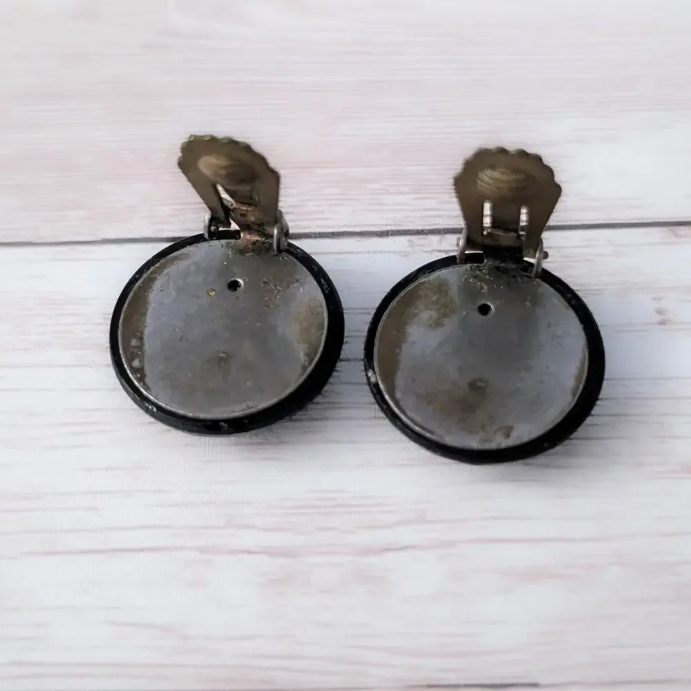 Vintage Clip On Earrings Black Glass? Faceted Circle Large 15/16